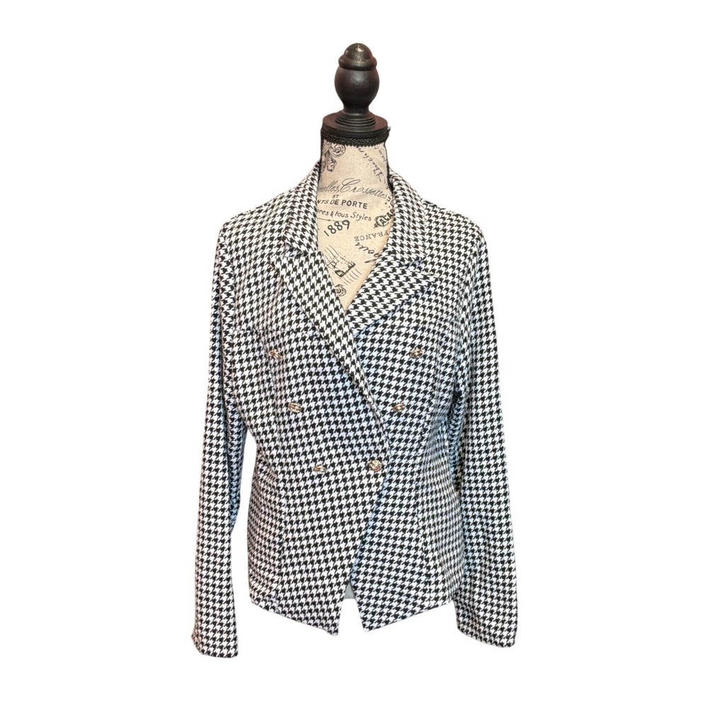 SHEIN Black White Houndstooth Double Breasted Blazer Gold Buttons Size Large 8